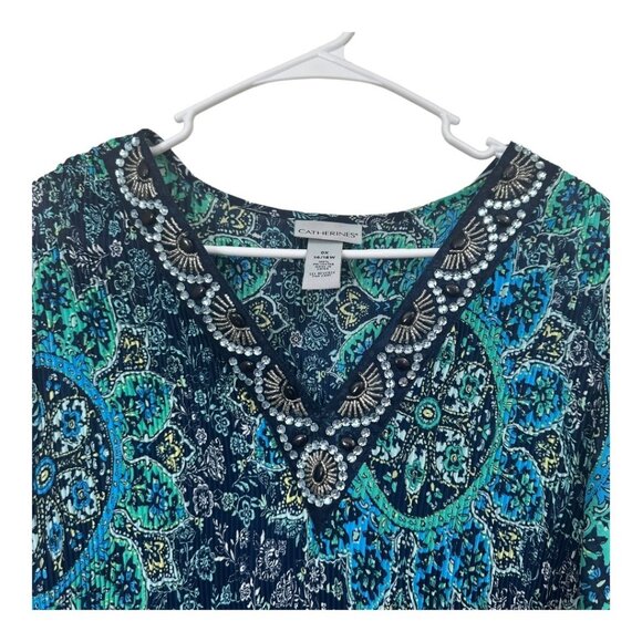 CATHERINES Women SZ 0X(14/16W) Accordion Pleat Tunic Top Bell Sleeve Embellished - Picture 8 of 12